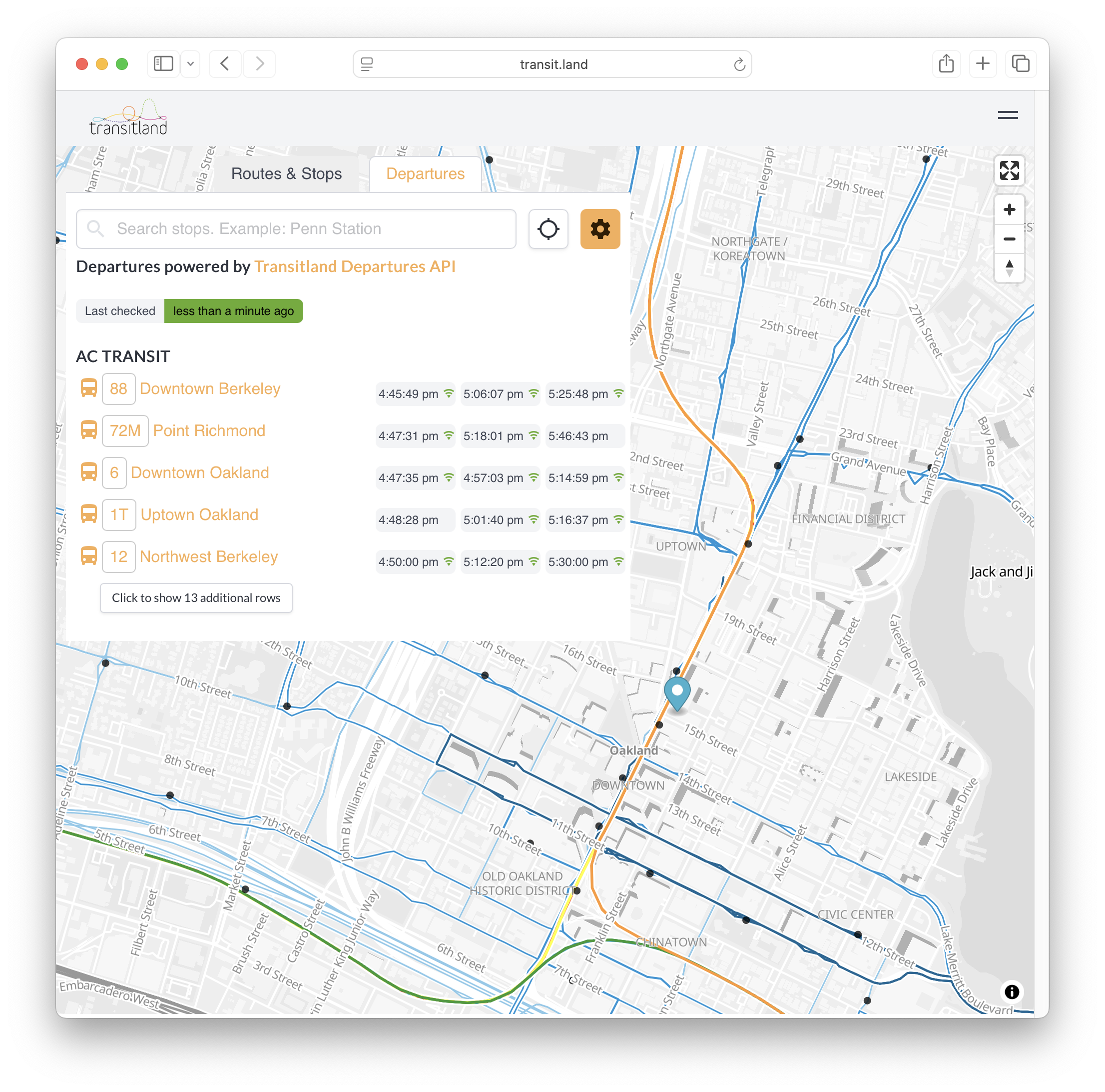 real-time departures for transit stops around downtown Oakland