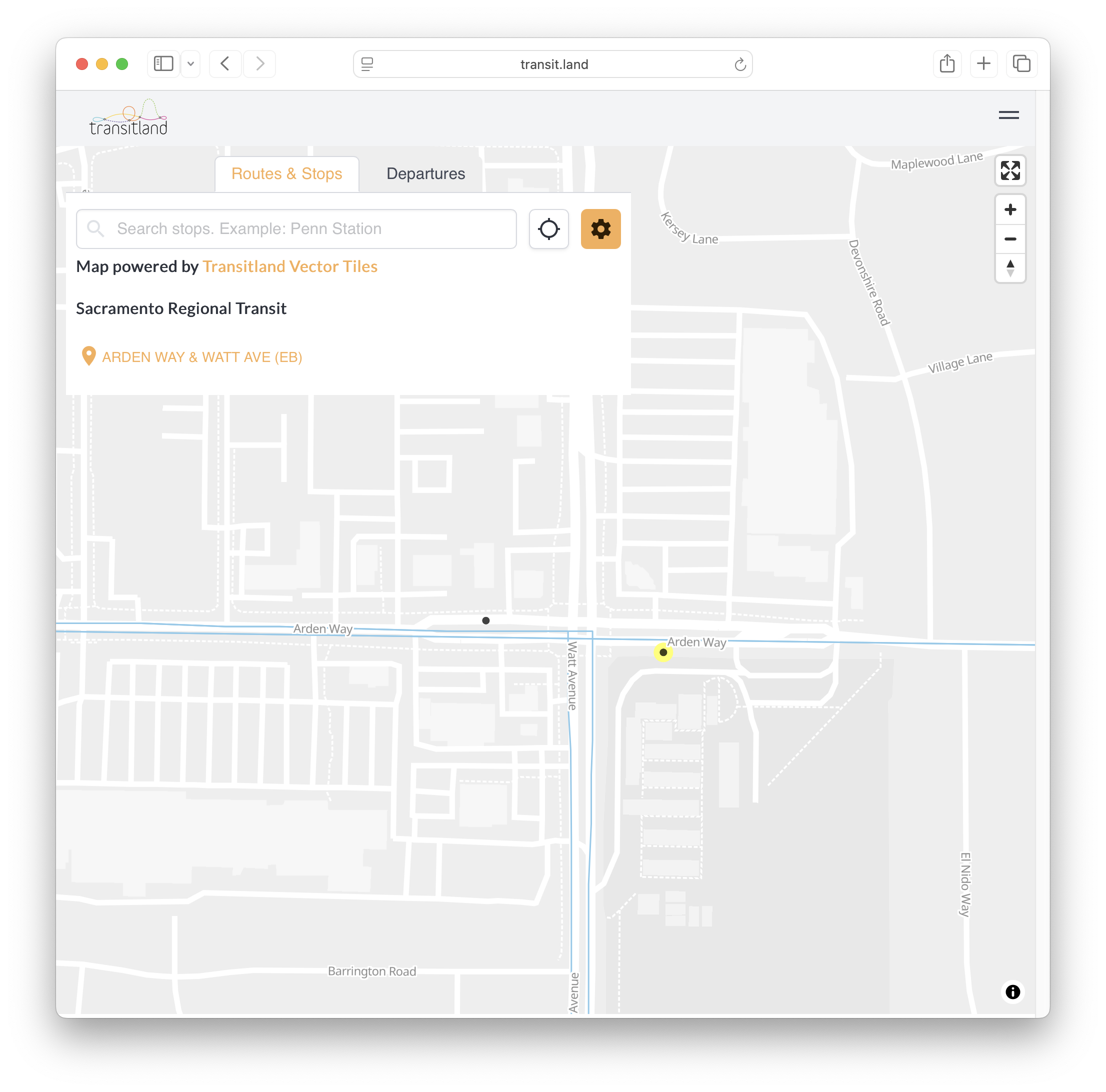 screenshot of hovering over a stop point on the map