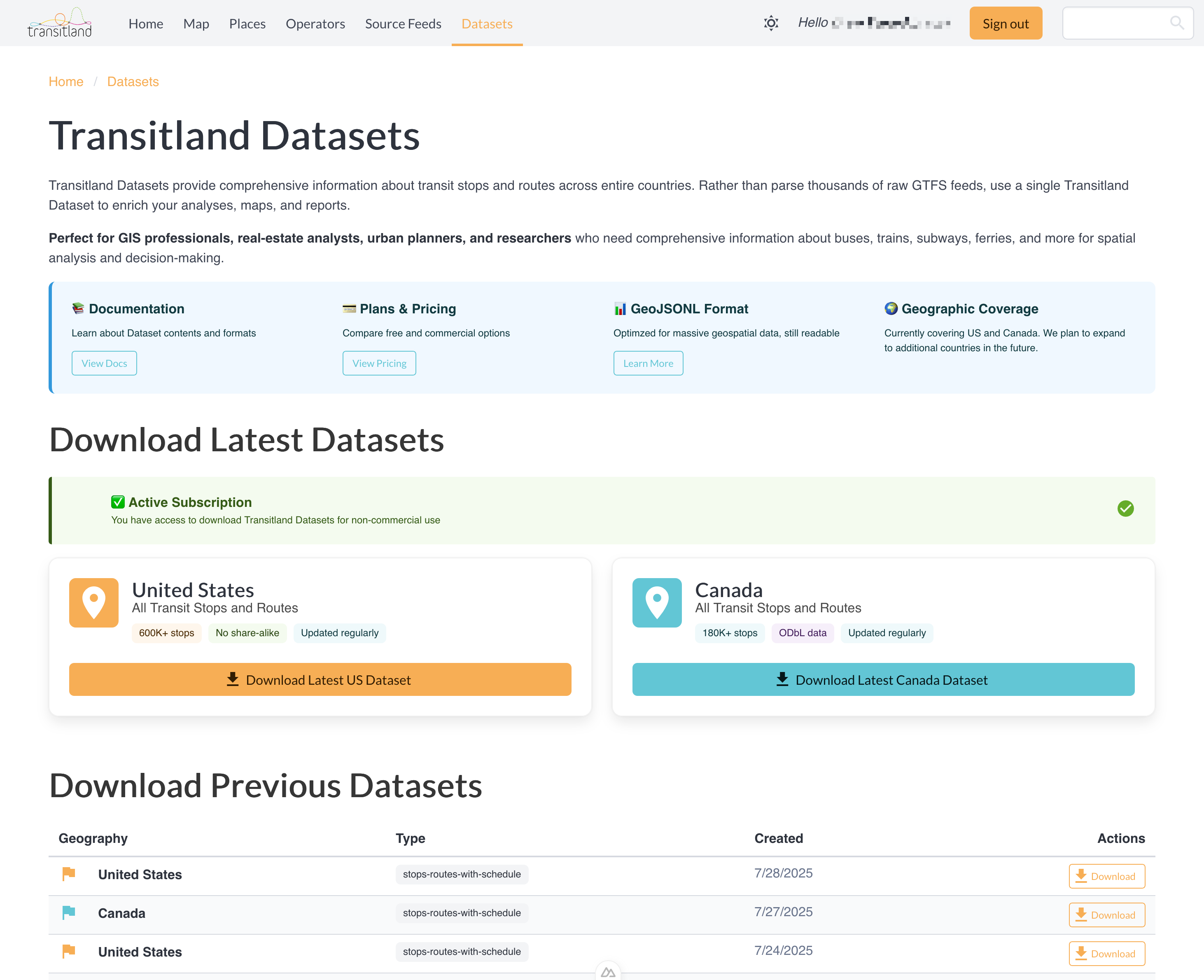screenshot of Transitland Datasets page listing available downloads after user has signed in